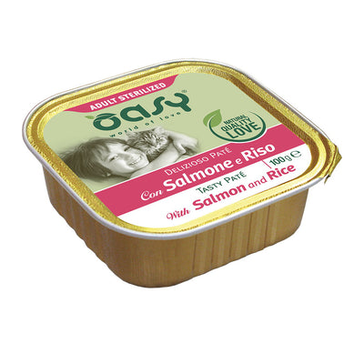 Paté umido Oasy per gatti sterilizzati al salmone, vaschetta 100 g
