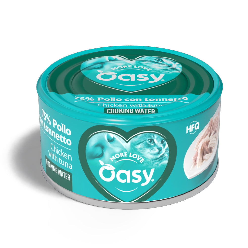 Lattina di alimento umido Oasy More Love per gatti adulti con pollo e tonno, 70 g