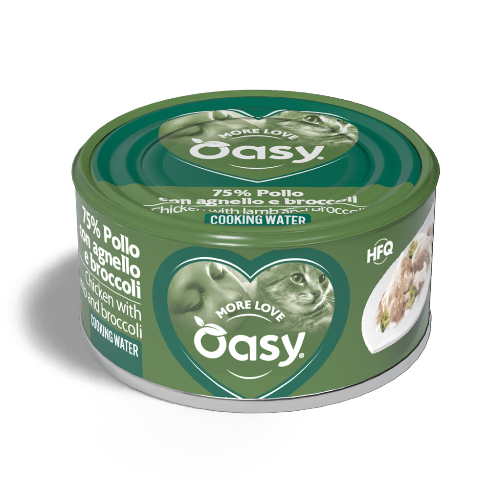 Lattina Oasy Wet Cat More Love con pollo, agnello e broccoli per gatti adulti, 70 g
