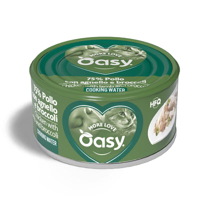 Lattina Oasy Wet Cat More Love con pollo, agnello e broccoli per gatti adulti, 70 g