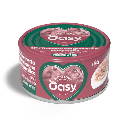 Lattina di alimento umido Oasy Wet Cat tonno e gamberone indopacifico per gatti adulti, 70 g