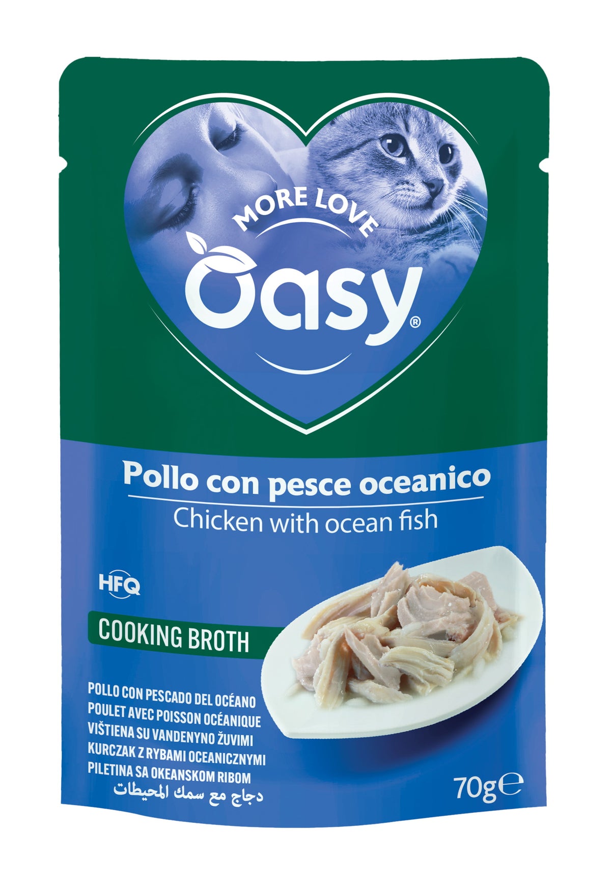 Busta di alimento umido Oasy More Love per gatti adulti con pollo e pesce oceanico, 70 g