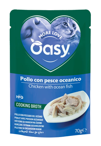 Busta di alimento umido Oasy More Love per gatti adulti con pollo e pesce oceanico, 70 g