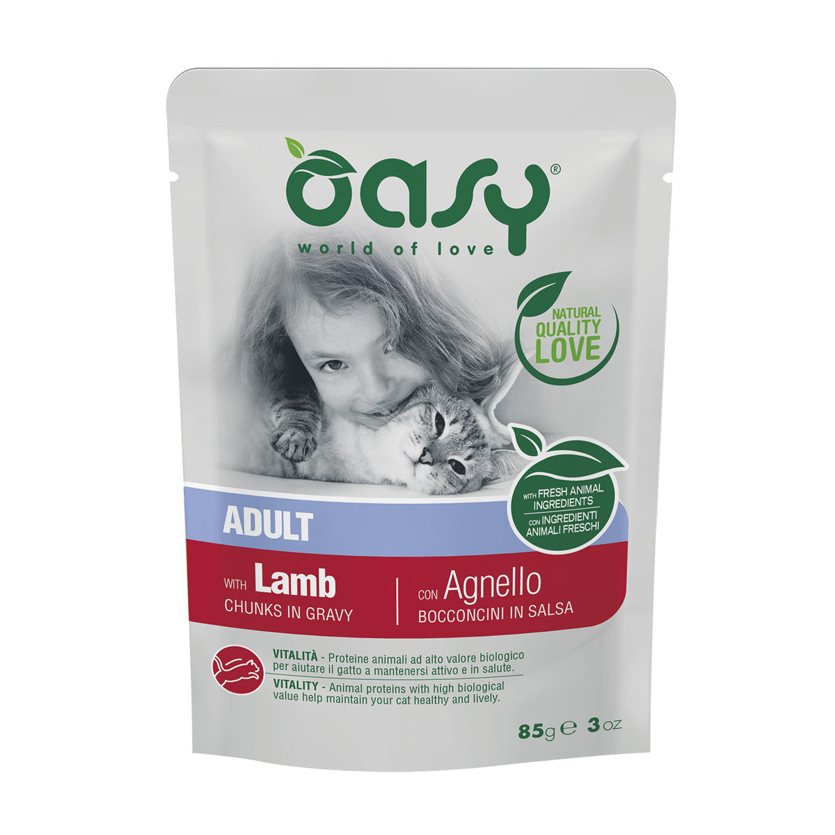 Bocconcini in salsa per gatti adulti Oasy con agnello, busta 85 g