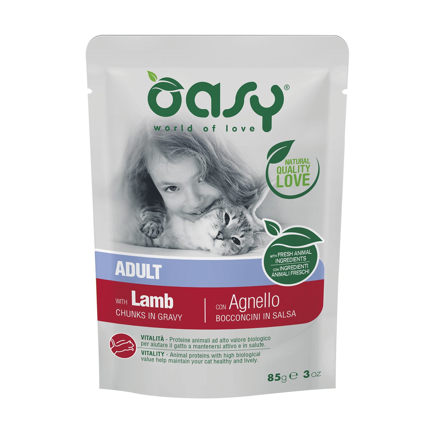 Bocconcini in salsa per gatti adulti Oasy con agnello, busta 85 g