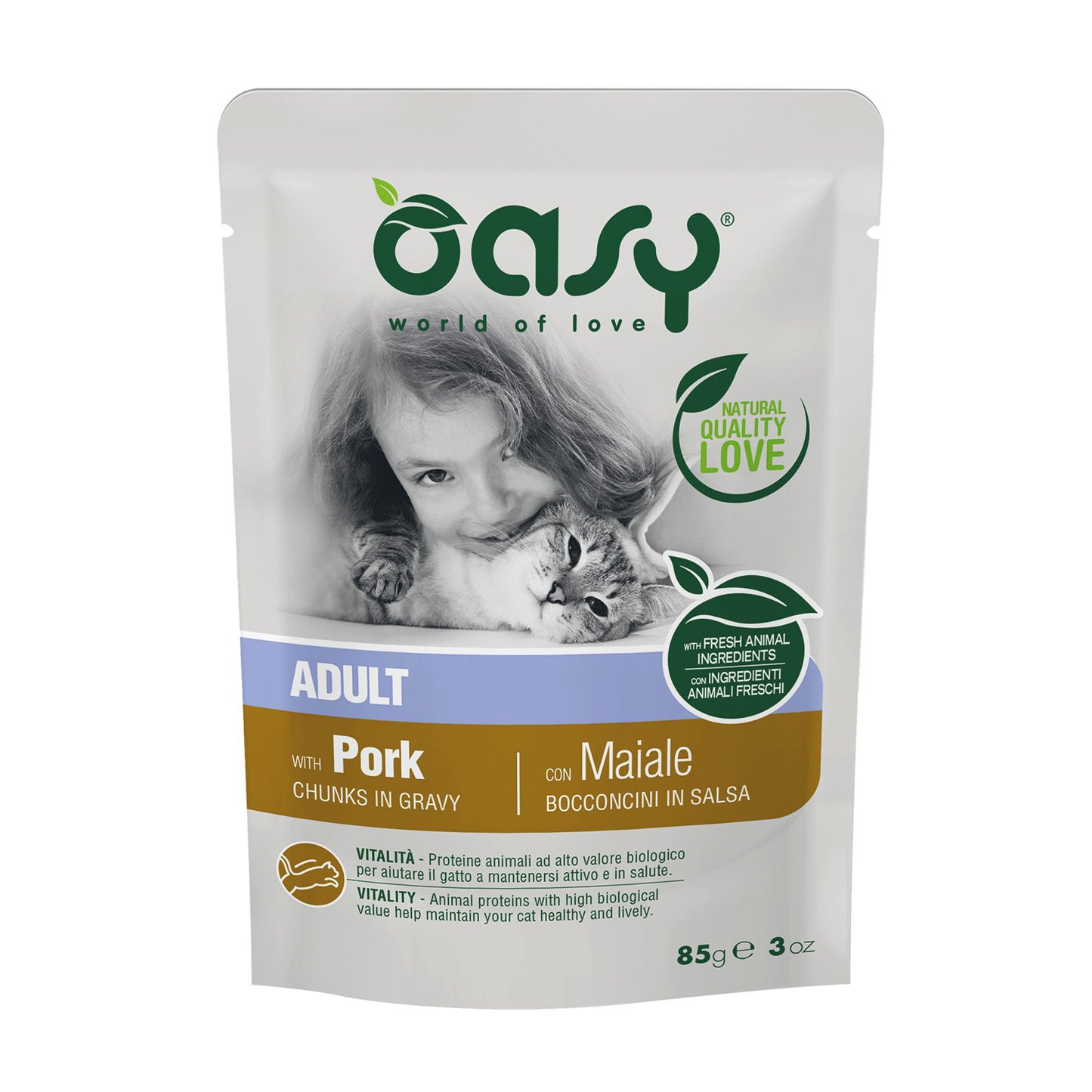 Bocconcini in salsa Oasy per gatti adulti con maiale, busta 85 g