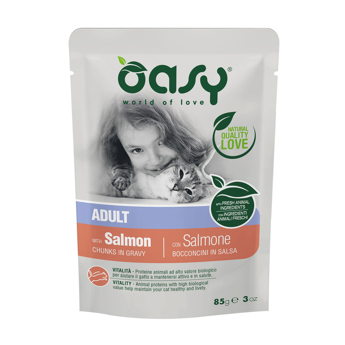 Bocconcini in salsa Oasy per gatti adulti al salmone, busta 85 g