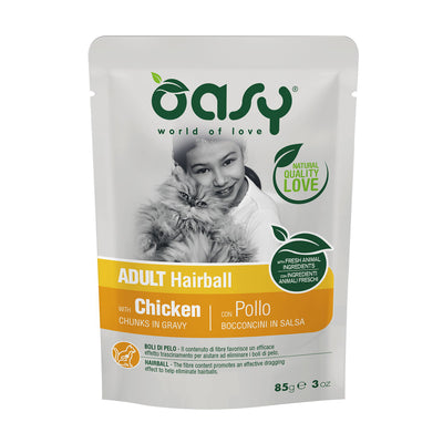 Bocconcini in salsa per gatti adulti Oasy controllo boli di pelo, busta 85 g con pollo