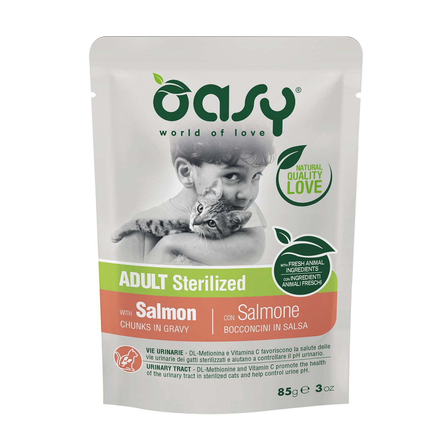 Bocconcini in salsa per gatti adulti sterilizzati Oasy con salmone, busta 85 g