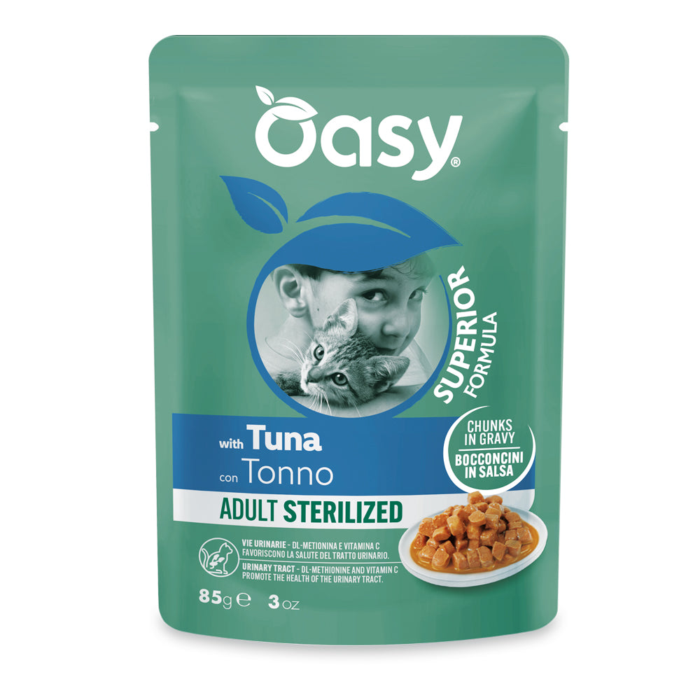 Bocconcini in salsa al tonno per gatti sterilizzati Oasy, busta 85 g