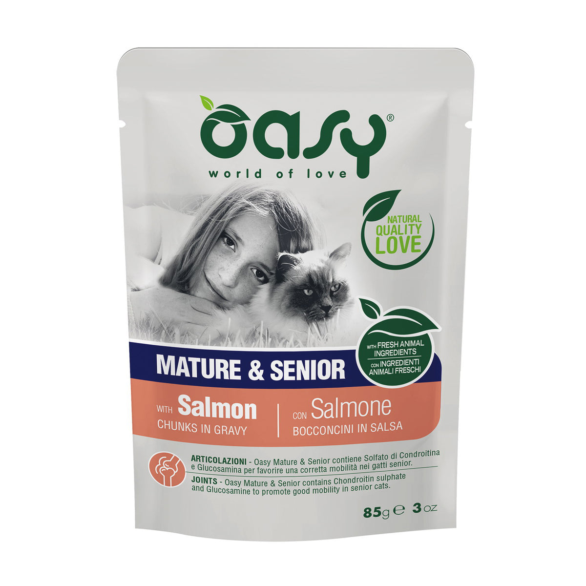 Bocconcini in salsa con salmone per gatti senior, busta 85 g, supporto articolare