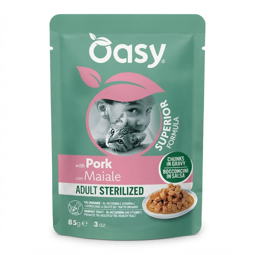 Oasy Bocconcini Adult Sterilized Maiale 85 g alimento umido per gatti sterilizzati
