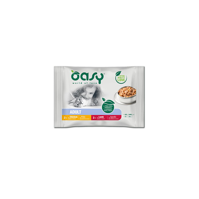 Multipack Oasy Wet Cat Bocconcini in Salsa per Gatti Adulti, 4 vaschette da 85 g con pollo e agnello