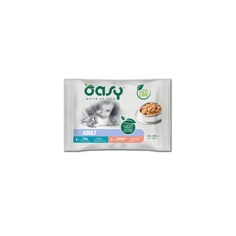 Multipack bocconcini in salsa Oasy per gatti adulti, 4 vaschette da 85 g con salmone e tonno