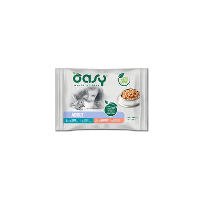 Multipack bocconcini in salsa Oasy per gatti adulti, 4 vaschette da 85 g con salmone e tonno