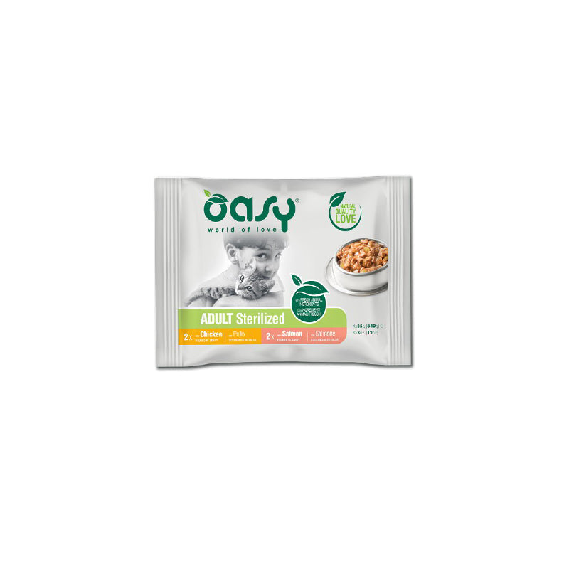 Multipack Oasy bocconcini in salsa per gatti sterilizzati, 4x85 g con pollo e salmone