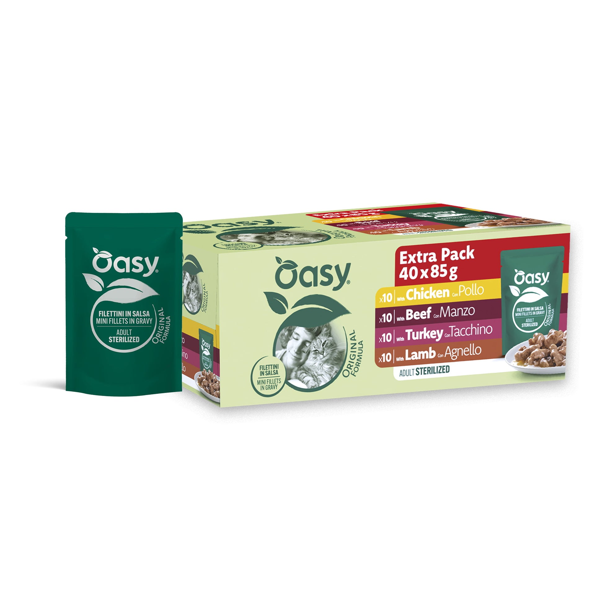 Oasy Wet Cat Original Multipack per gatti adulti sterilizzati, 40 buste da 85 g con filettini in salsa