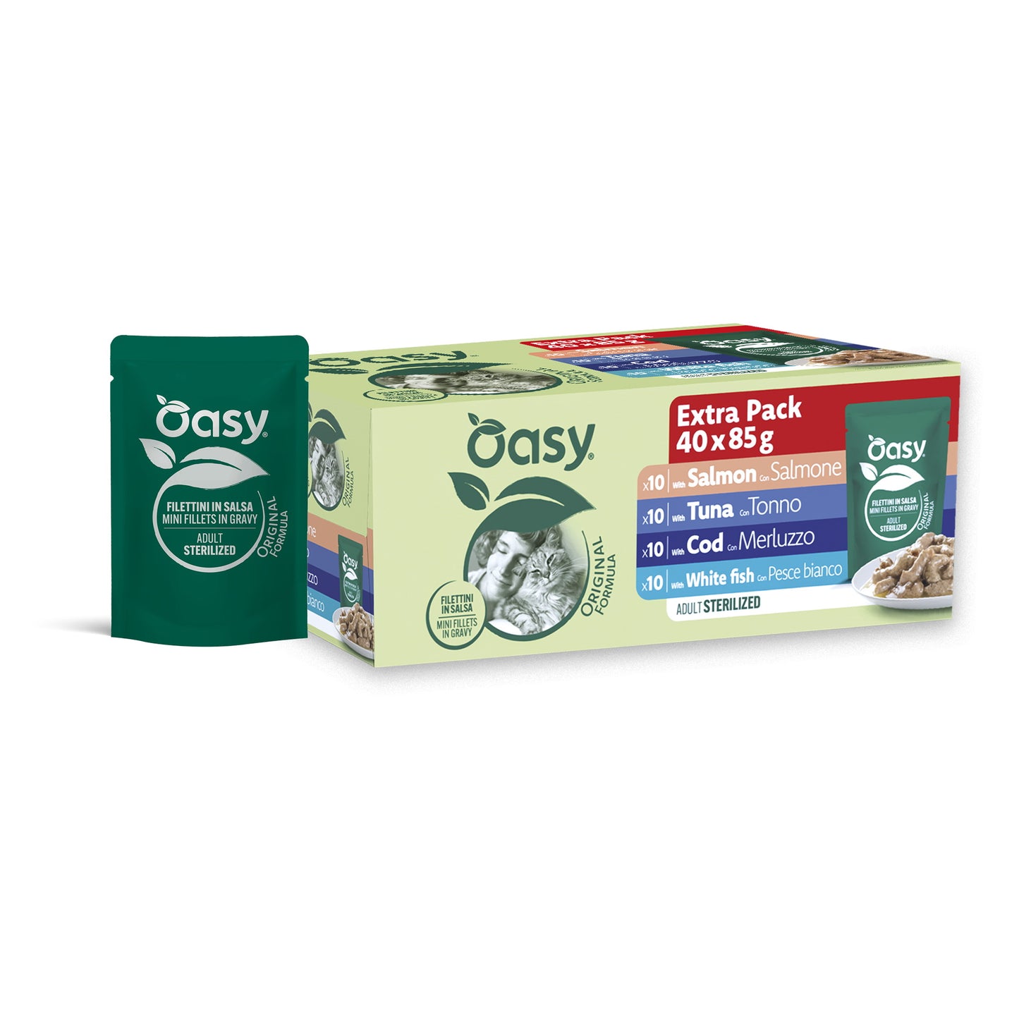 Multipack Oasy Wet Cat Original per gatti adulti sterilizzati, 40 buste da 85 g con fish selection