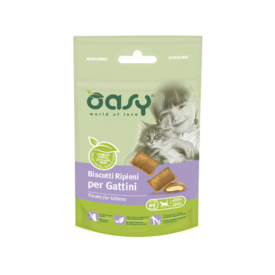 Biscotti ripieni Oasy Snack per gattini, croccanti e morbidi, confezione 60 g