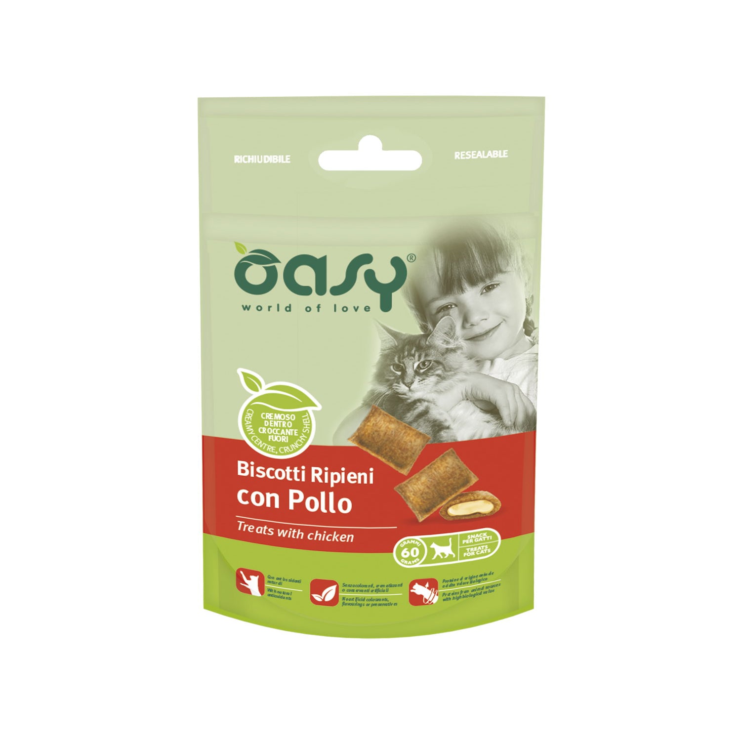 Biscotti ripieni per gatti Oasy con pollo, snack croccante da 60 g