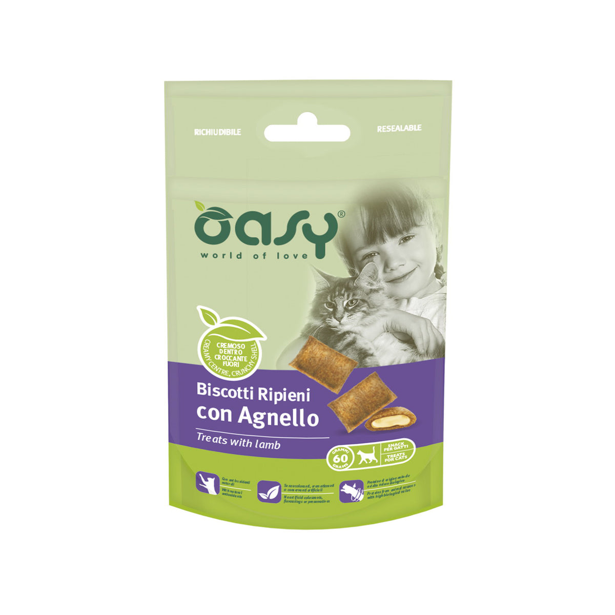 Snack per gatti Oasy biscotti ripieni con agnello 60 g, croccanti e morbidi