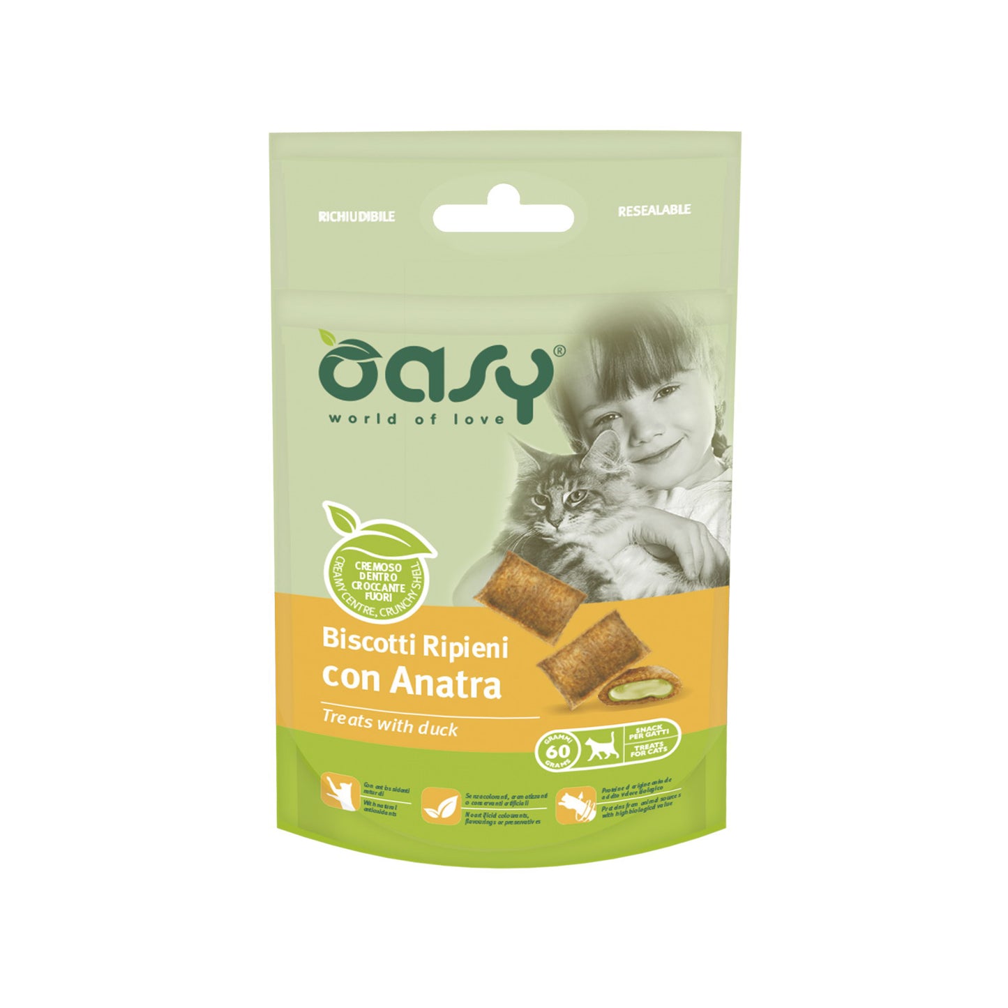 Snack Cat Biscotti Ripieni con Anatra Oasy, 60 g, croccanti e morbidi per gatti