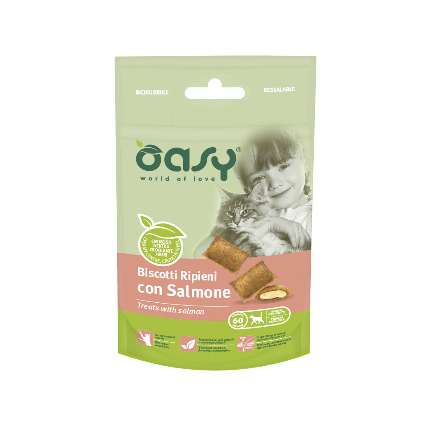 Biscotti ripieni con salmone per gatti Oasy, snack croccante da 60 g
