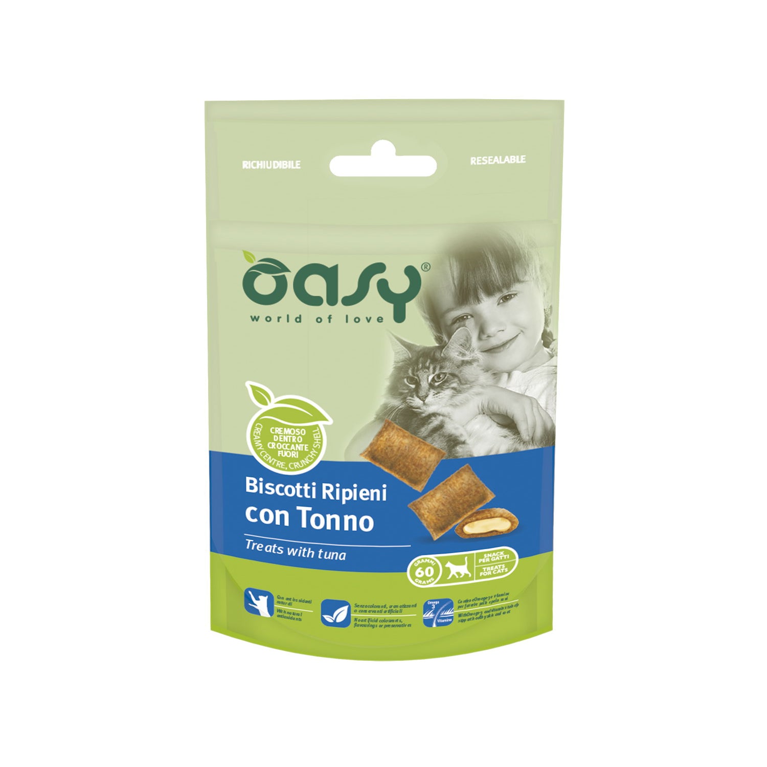 Biscotti ripieni tonno per gatti Oasy snack croccante 60 g