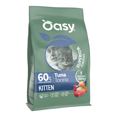 Crocchette Oasy Dry Cat Superior per gattini con tonno fresco, alimento completo per la crescita