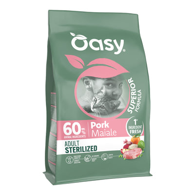 Mangime secco Oasy Dry Cat Superior per gatti adulti sterilizzati con maiale fresco