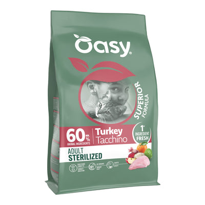 Crocchette Oasy Dry Cat Superior per gatti sterilizzati al tacchino fresco, alimento completo con proteine elevate