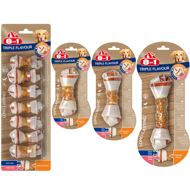 Osso masticabile 8in1 Triple Flavour per cani adulti con pelle di manzo, maiale e pollo