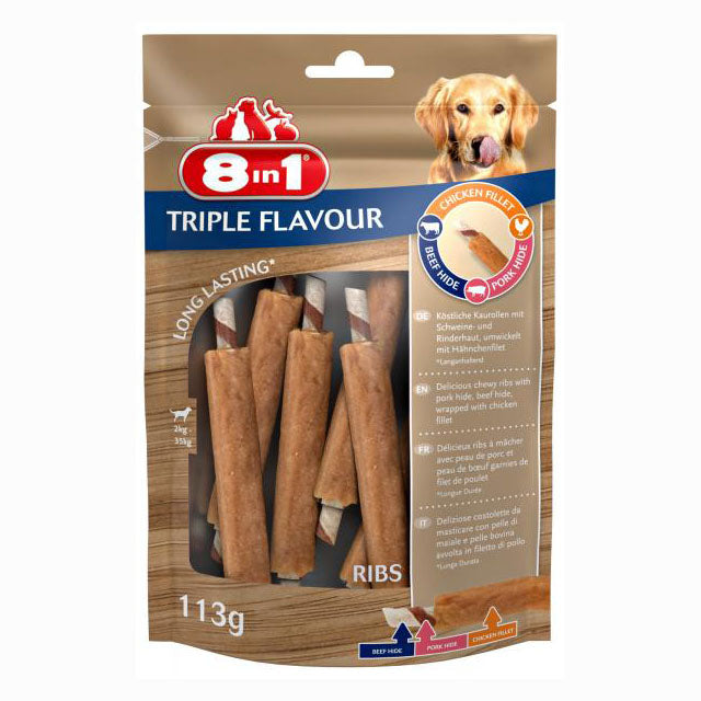 Osso masticabile 8in1 Triple Flavour per cani, 6 spiedini da 113 g con pollo e pelle di maiale