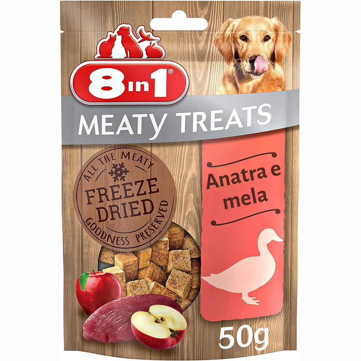 Snack liofilizzati per cani anatra e mela 8in1, cubetti da 15 mm, confezione 50 g
