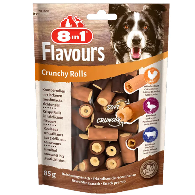 Snack Crunchy Rolls 8in1 per cani, 85 g, con petto di pollo, anatra e manzo