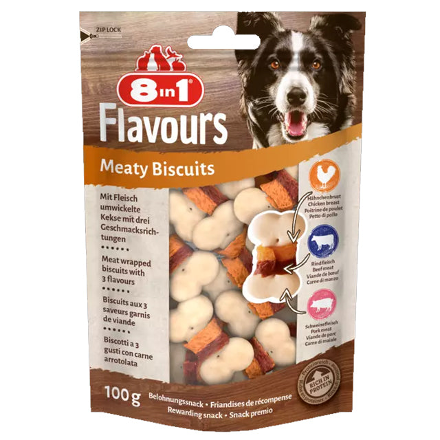 Biscotti snack per cani 8in1 Meaty con carne maiale e pollo, confezione 100 g