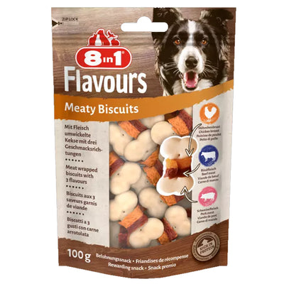 Biscotti snack per cani 8in1 Meaty con carne maiale e pollo, confezione 100 g