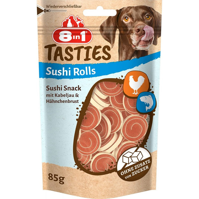 Sushi rolls per cani toy e piccola taglia con petto di pollo e merluzzo, 85 g