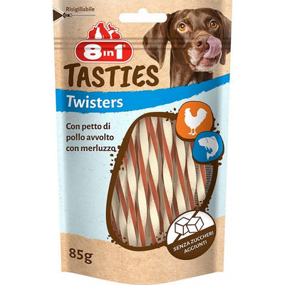 Snack Twisters 8in1 Tasties per cani con pollo e merluzzo, confezione da 85 g