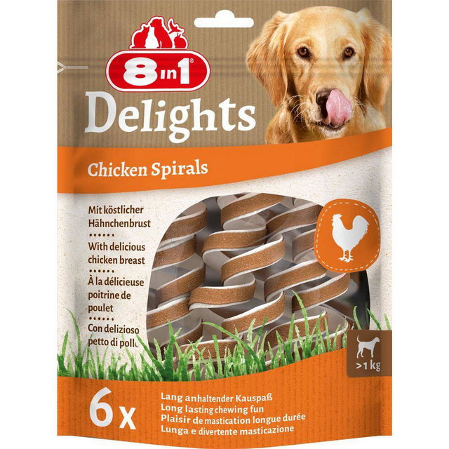 Snack in spirali per cani 8in1 Delights con pollo e manzo, confezione da 6 pezzi 60 g