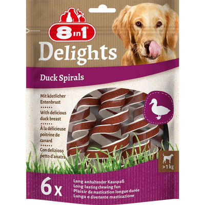 Snack spirali per cani 8in1 Delights con anatra e pelle di manzo, 6 pezzi da 60 g
