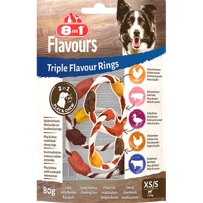 Anelli da masticare 8in1 Triple Flavour per cani, multisapore con pelle di maiale, manzo e carni bianche