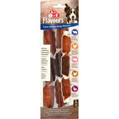 Snack in sticks per cani 8IN1 Triple Flavour con pelle di maiale e bovina, guarniti di pollo e anatra, 2 pezzi 160g