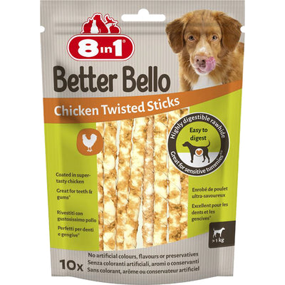 Snack masticabili 8in1 BetterBello Chicken Twisted Sticks per cani, confezione da 10 pezzi