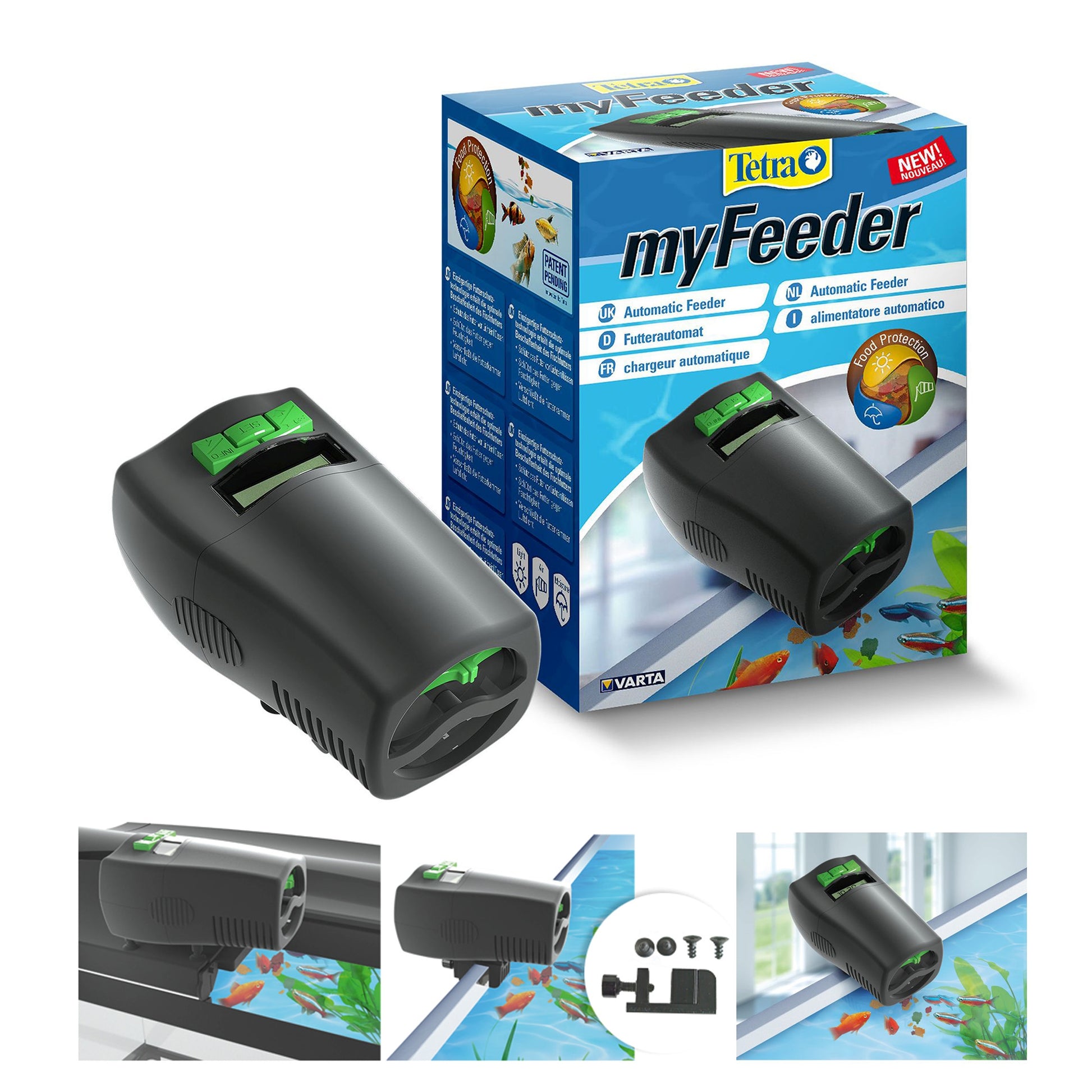 Mangiatoia automatica Tetra myFeeder per pesci con vano 100 ml, display programmabile e montaggio versatile