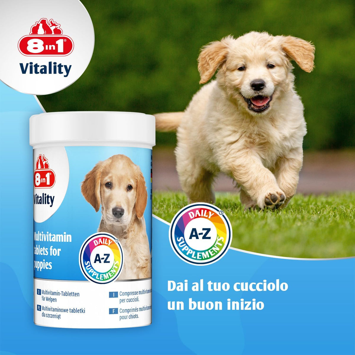 Compresse multivitaminiche 8in1 per cuccioli in barattolo da 100 compresse, 185 ml