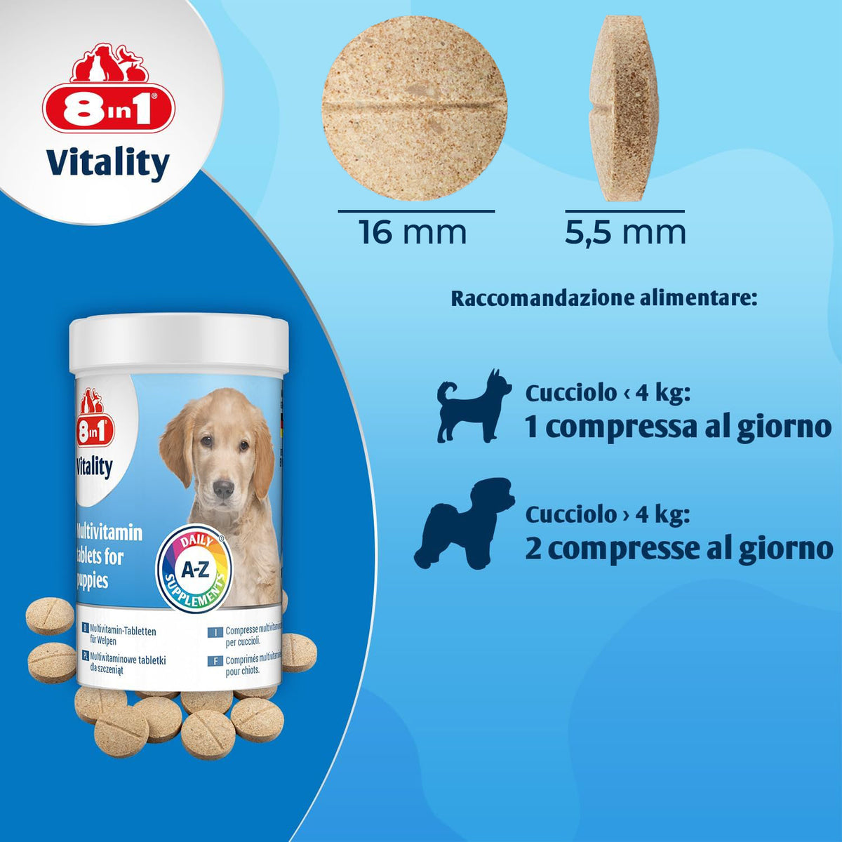 Compresse multivitaminiche 8in1 per cuccioli in barattolo da 100 compresse, 185 ml