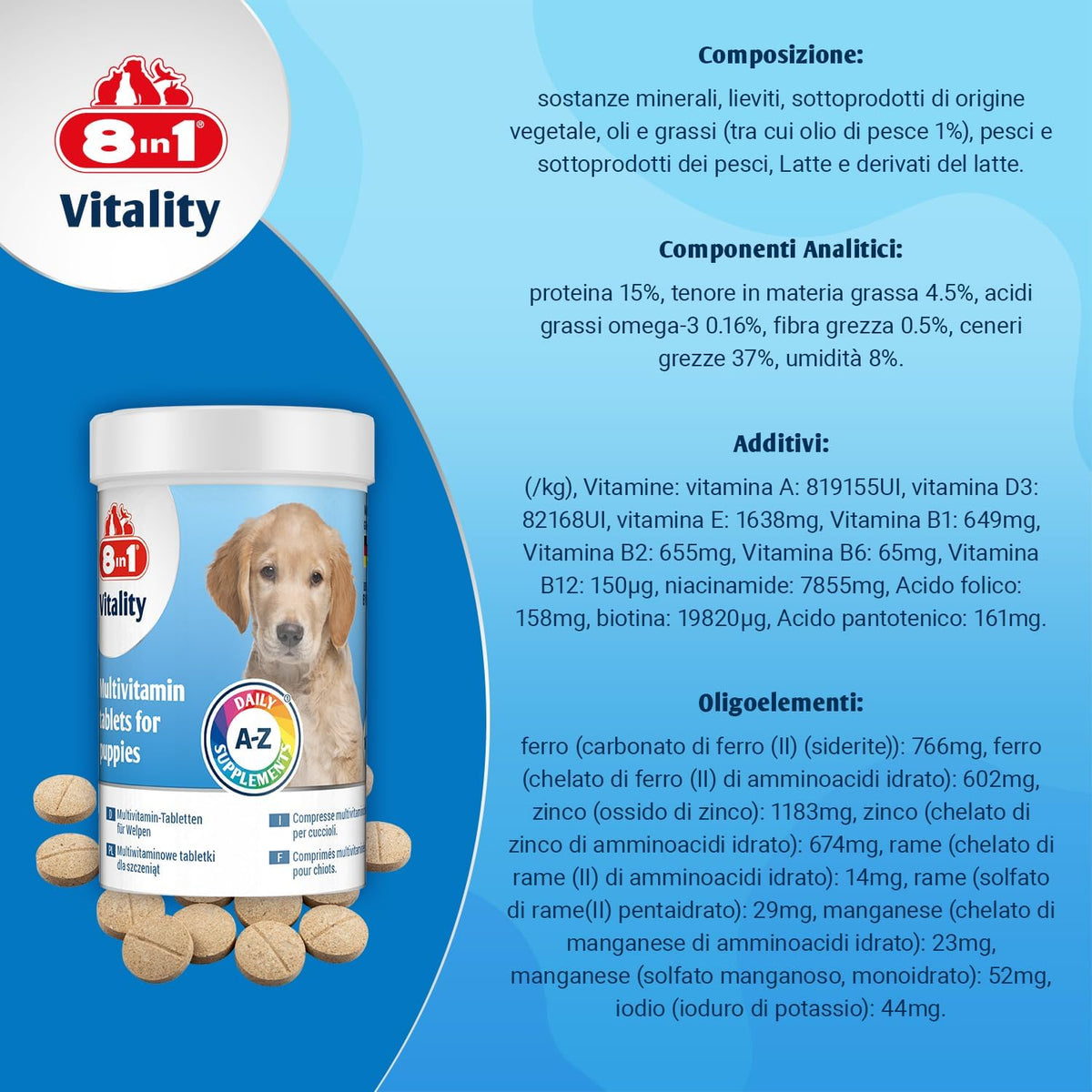 Compresse multivitaminiche 8in1 per cuccioli in barattolo da 100 compresse, 185 ml