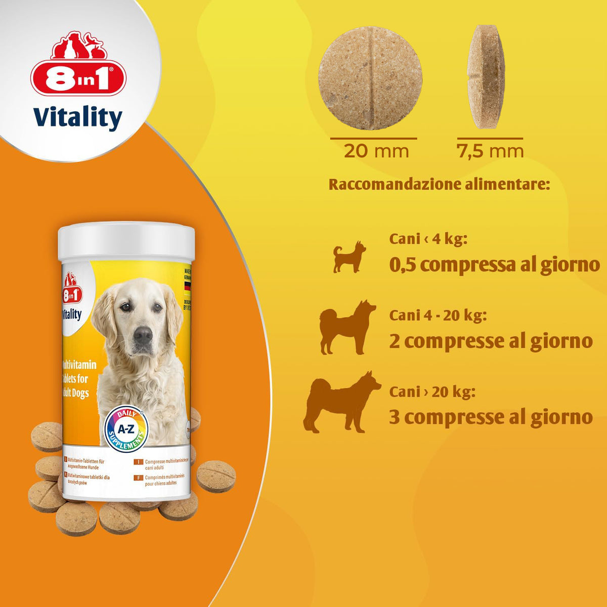 Pastiglie multivitaminiche 8in1 per cani adulti, barattolo da 70 compresse