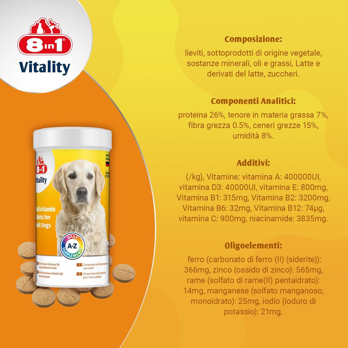 Pastiglie multivitaminiche 8in1 per cani adulti, barattolo da 70 compresse